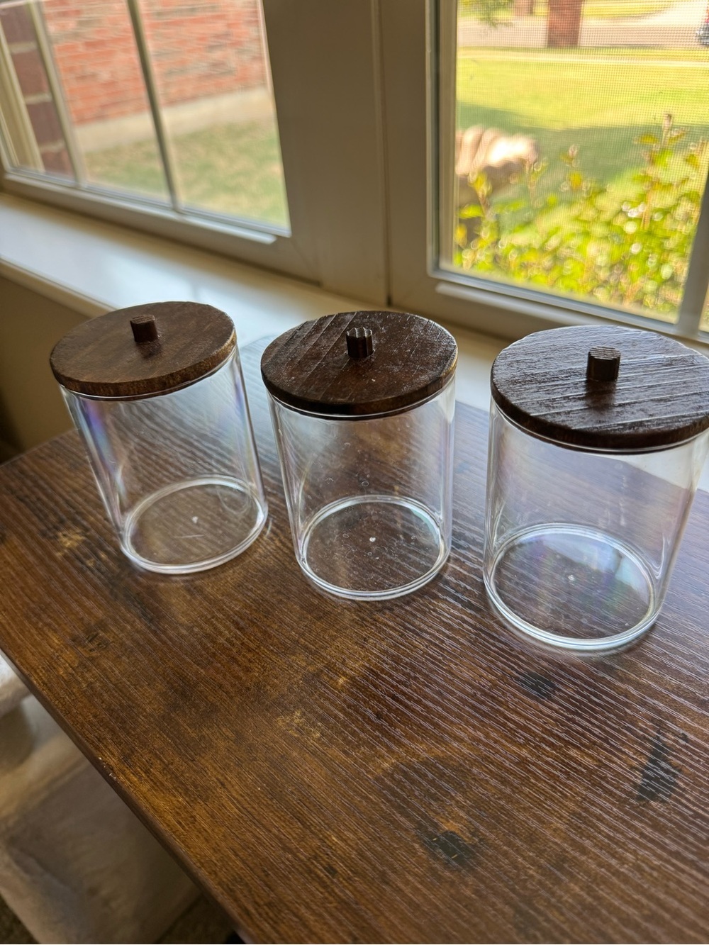 Set of 3 Tbestmax Clear Bathroom Canisters / Q-Tip Holders with Dark Wood Lids